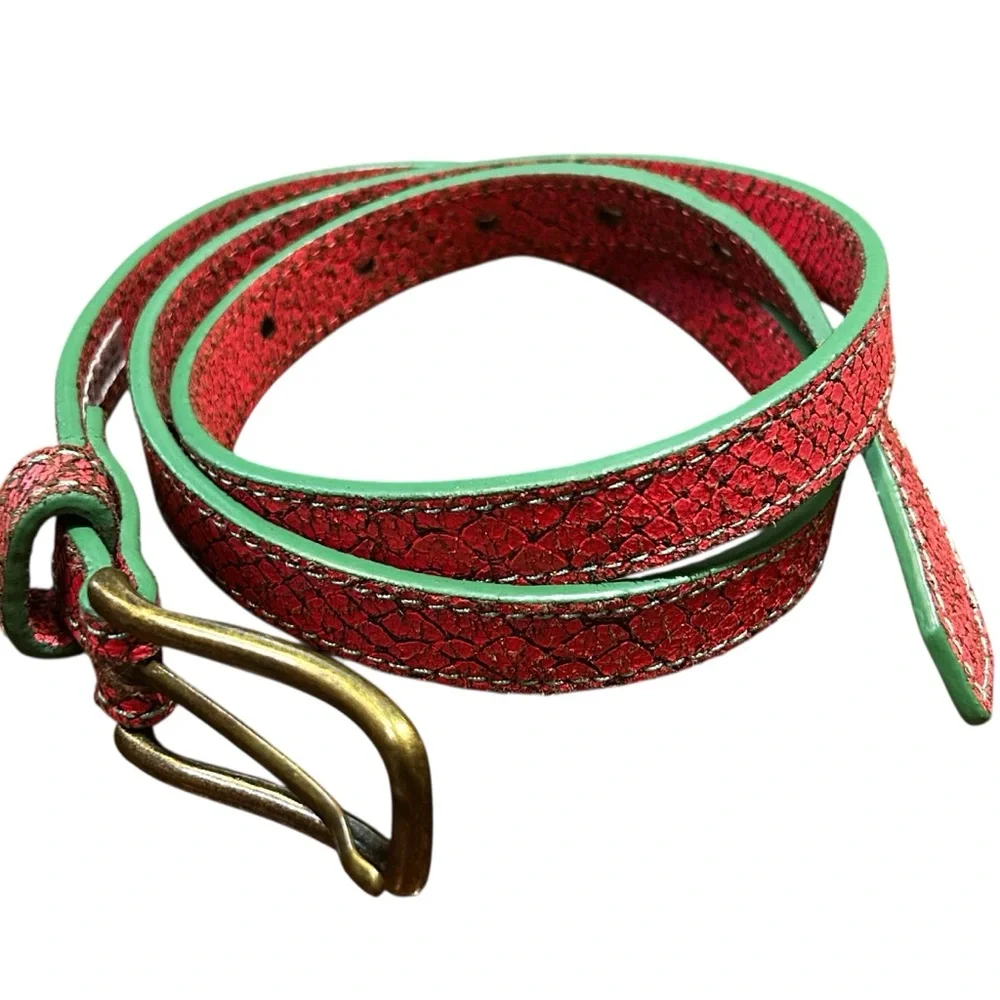 Liebeskind Berlin Coral Green Snake Embossed Leather Belt Brass Gold Buckle